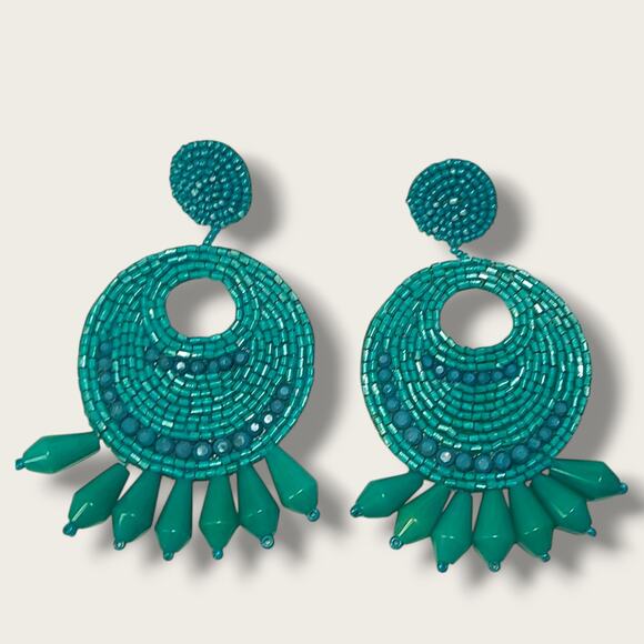 Kenneth J Lane KJL Turquoise Seed Bead Round Gypsy Hoop Drops Pierced Earrings - Picture 2 of 8